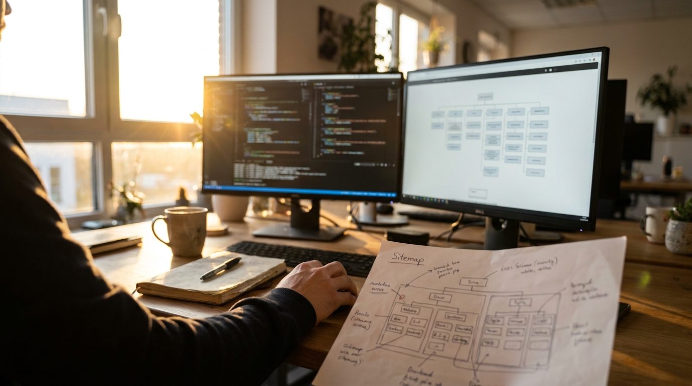 Developer desk with a site architecture diagram and annotated sitemap during migration planning