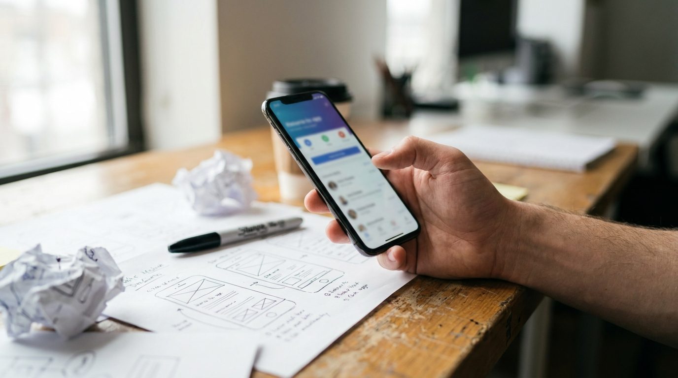 App screen sketches beside a phone prototype — scoping the MVP