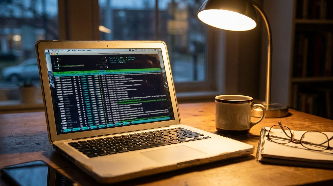 A terminal window mid-upgrade on a developer's desk at dusk