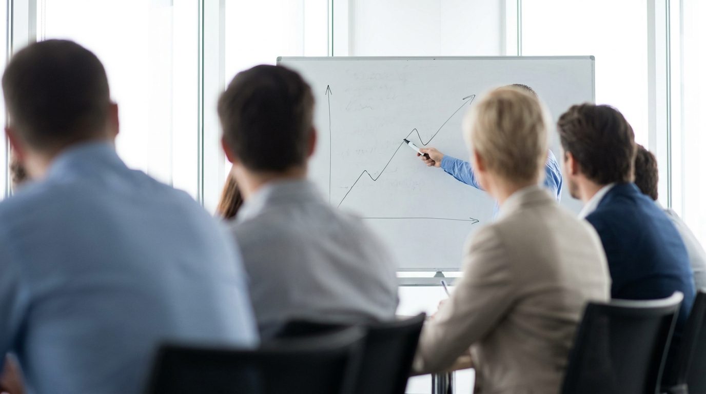 A strategy meeting reviewing an organic growth chart on a whiteboard