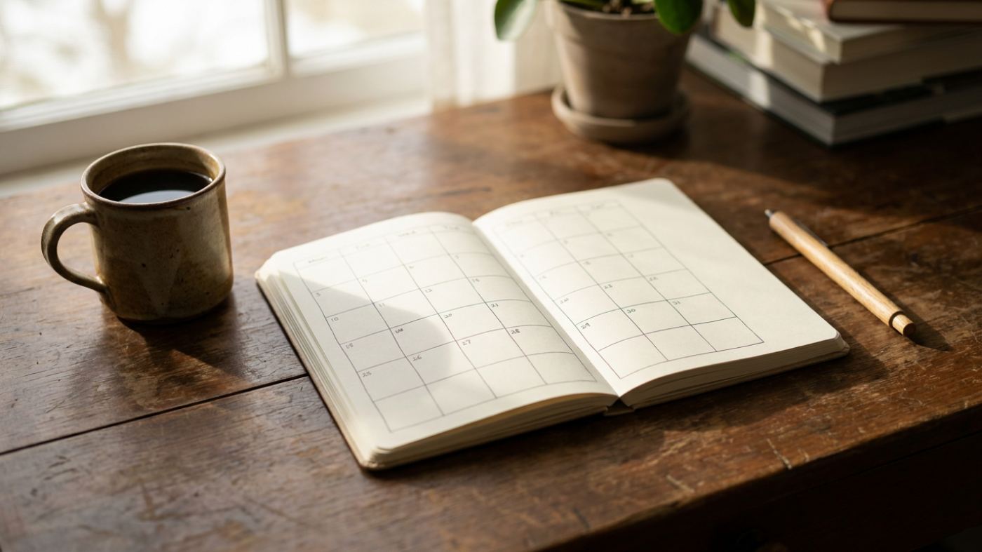 Open paper planner with a blank monthly grid on a desk beside a coffee cup