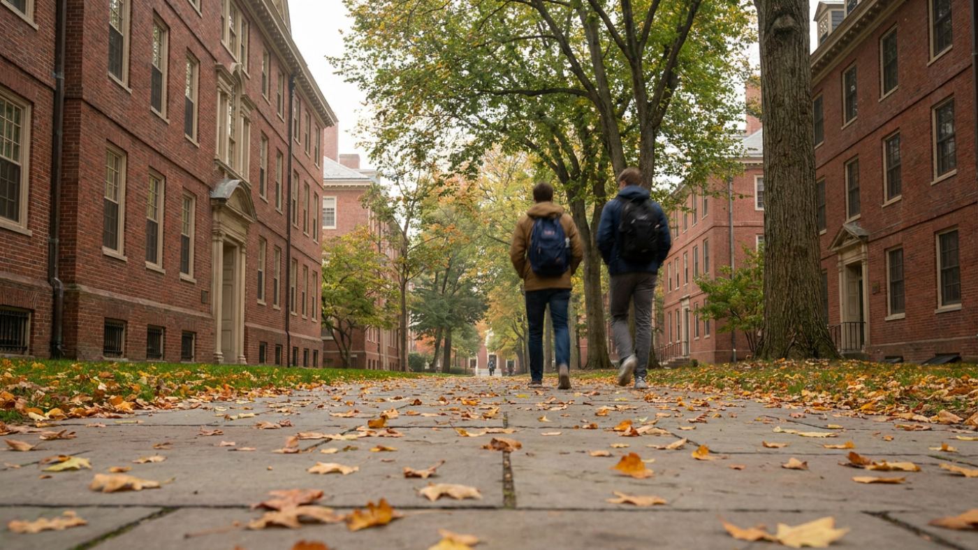University campus walkway in early autumn with brick academic buildings