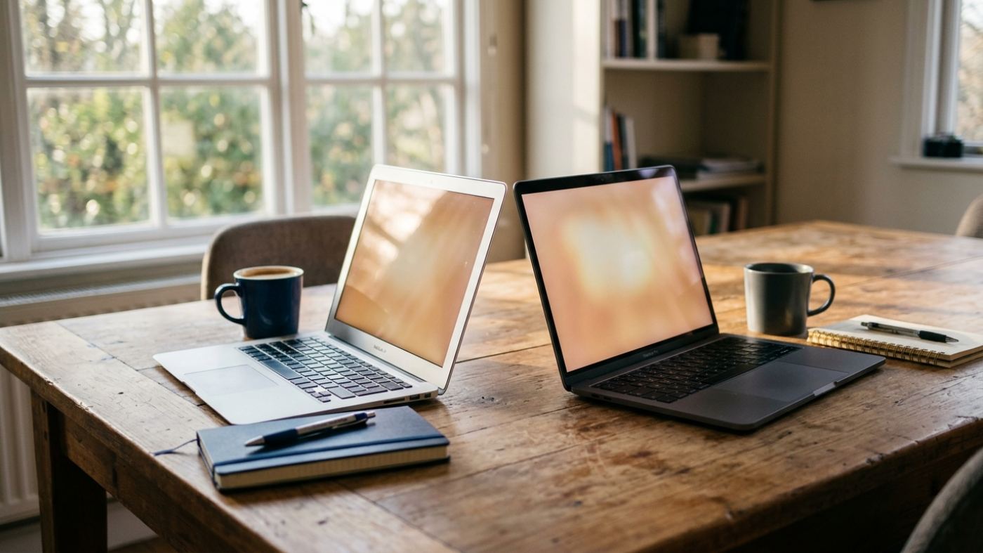 Two open laptops facing each other on a conference table during a vendor comparison