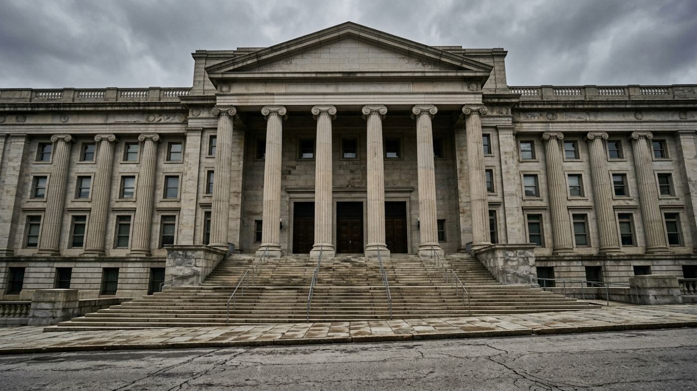 Neoclassical government building facade with stone columns in overcast daylight
