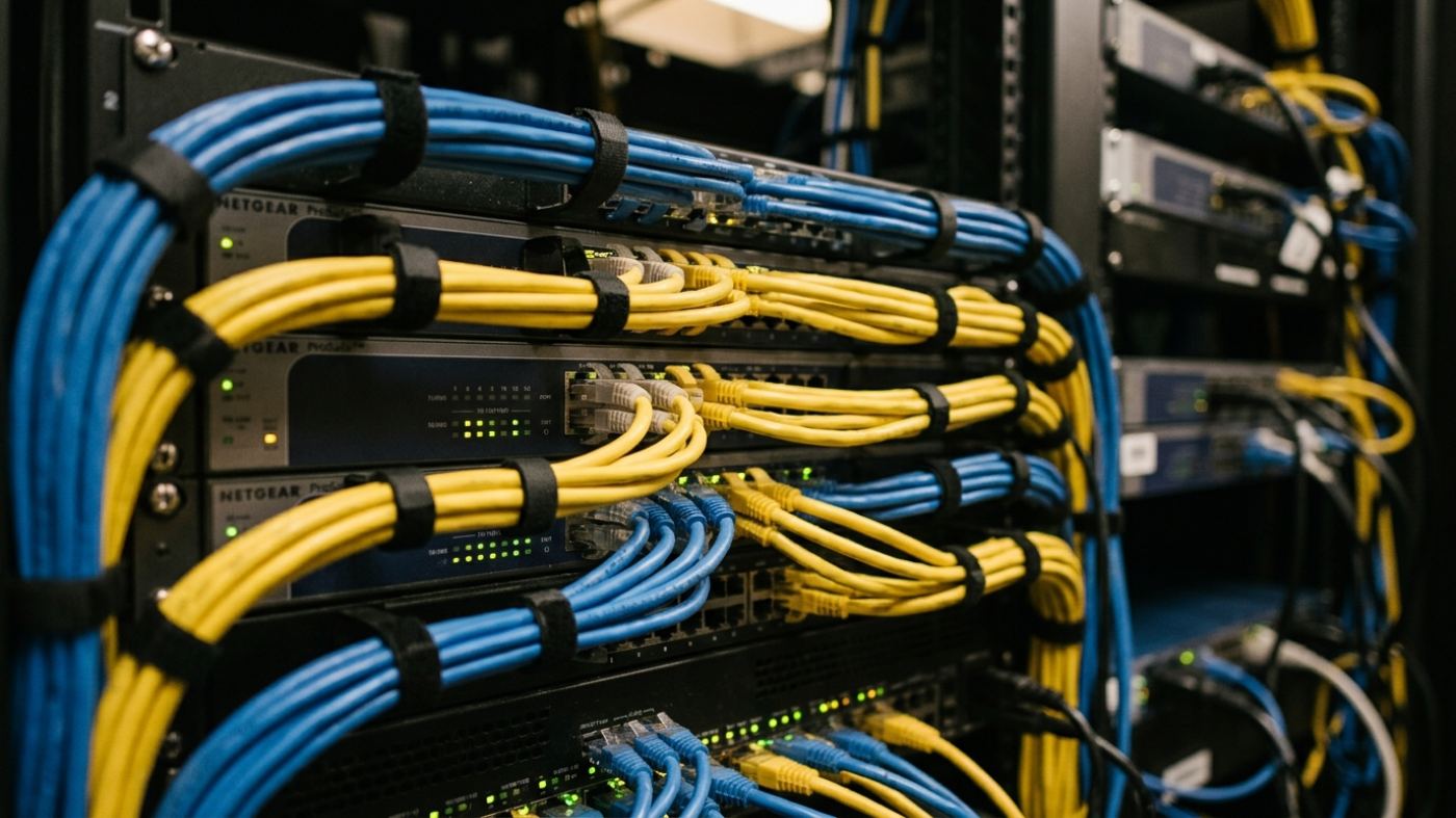 Neatly organized colored network cables patched into a switch panel