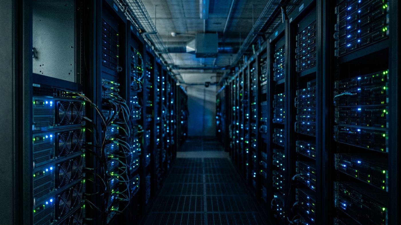 Dim data center aisle with server racks and glowing status lights