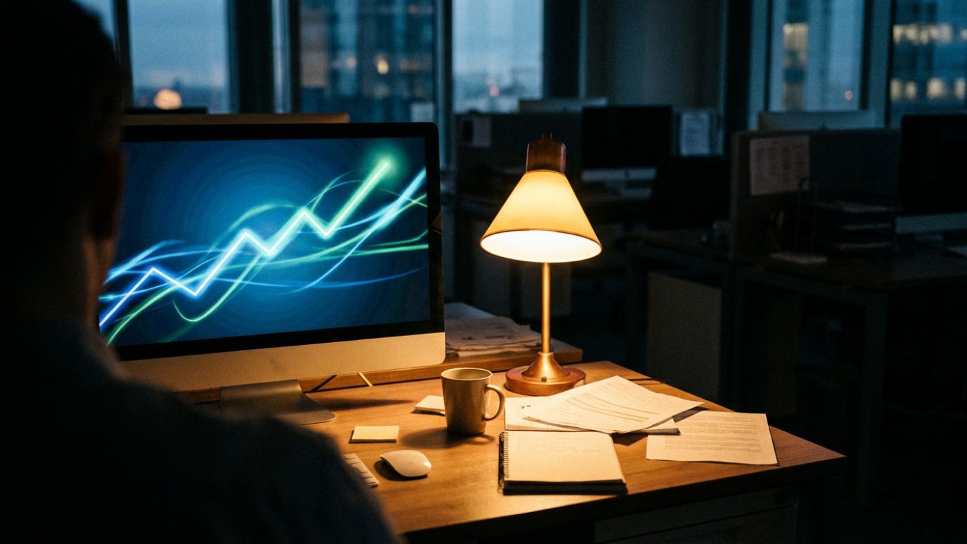 Monitor on a desk at dusk showing a rising line chart
