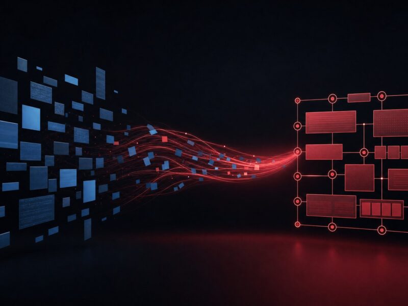 Abstract editorial illustration: a loose scatter of disordered content blocks on the left reorganised into a clean structured lattice of connected fields on the right, joined by a bridge of light carrying blocks across, representing a WordPress to Drupal content migration.