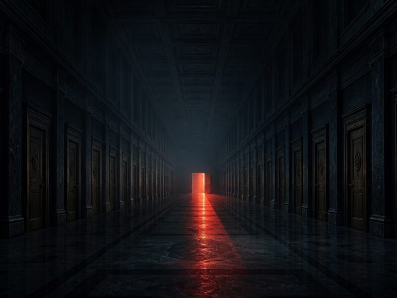 A dark institutional corridor lined with hundreds of closed doors, one standing open and spilling red light