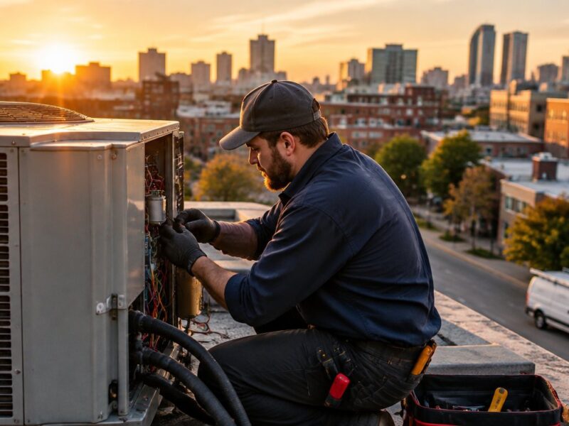 HVAC technician servicing a rooftop air-conditioning unit at golden hour, service van on the street below