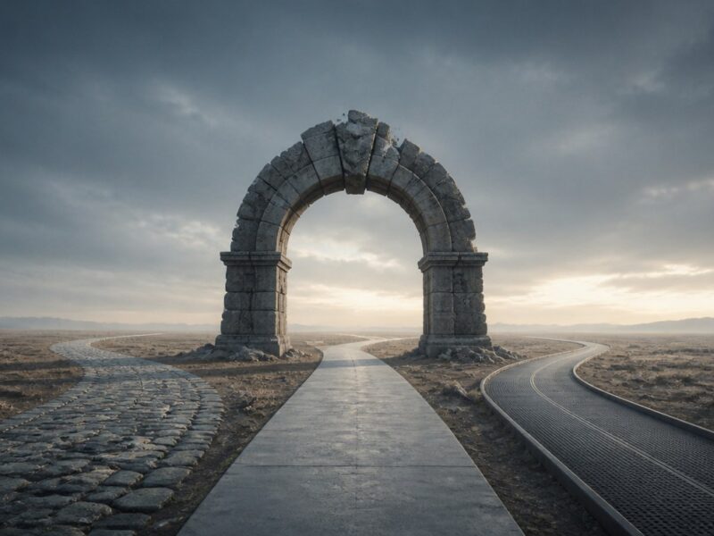 A cracked stone archway on an empty plain with three different paved paths leading away from it