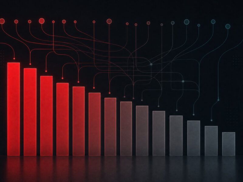 Abstract editorial chart: twelve vertical bars descending in height from left to right, the tallest glowing crimson and the shortest fading to grey, representing dental patient acquisition channels ranked by return on investment.