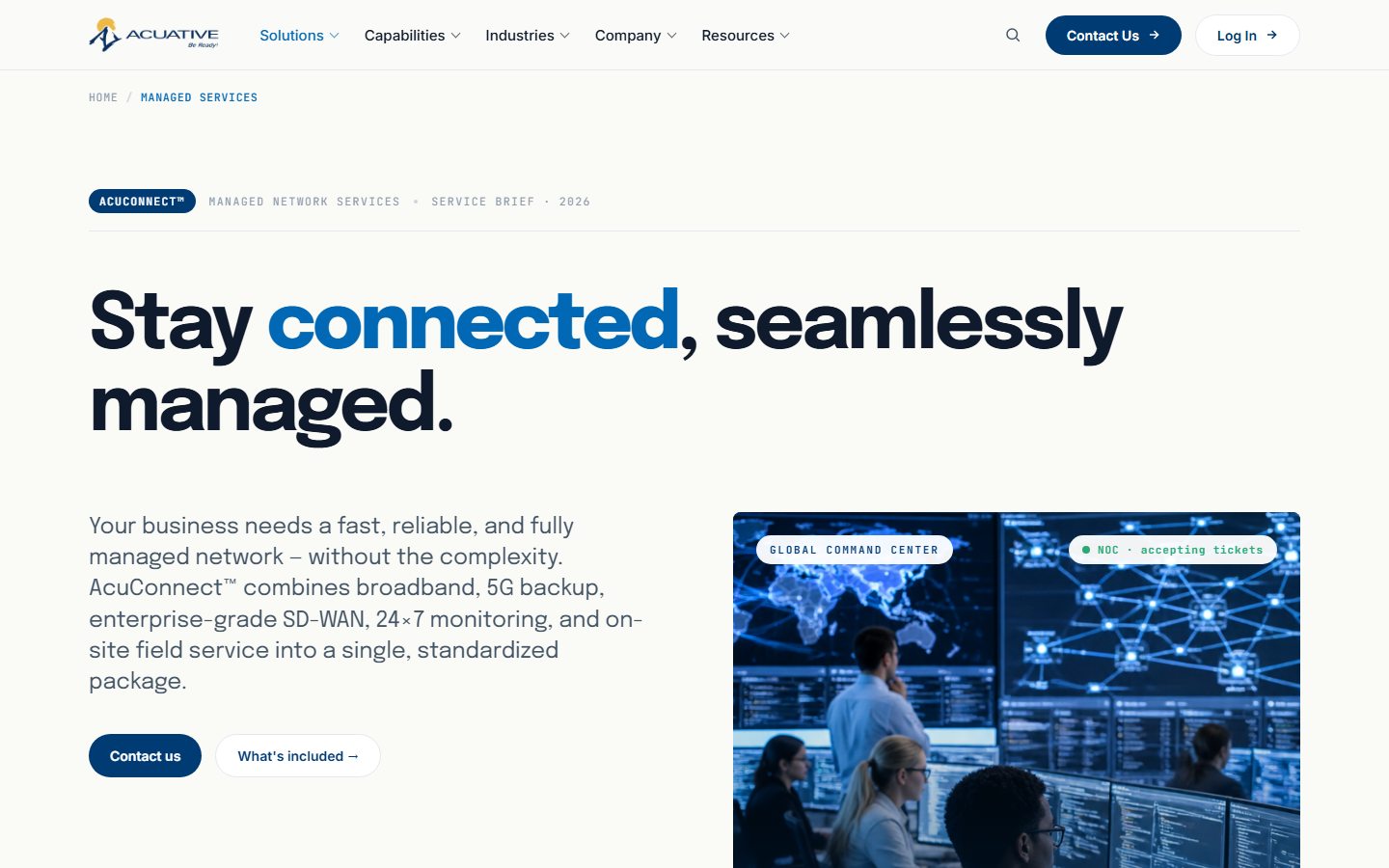 Managed Services on the live site: the AcuConnect service brief, one of the eight templates