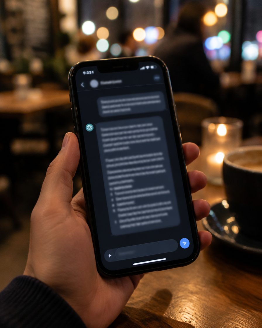 A phone showing an AI chat answer at a cafe table at night