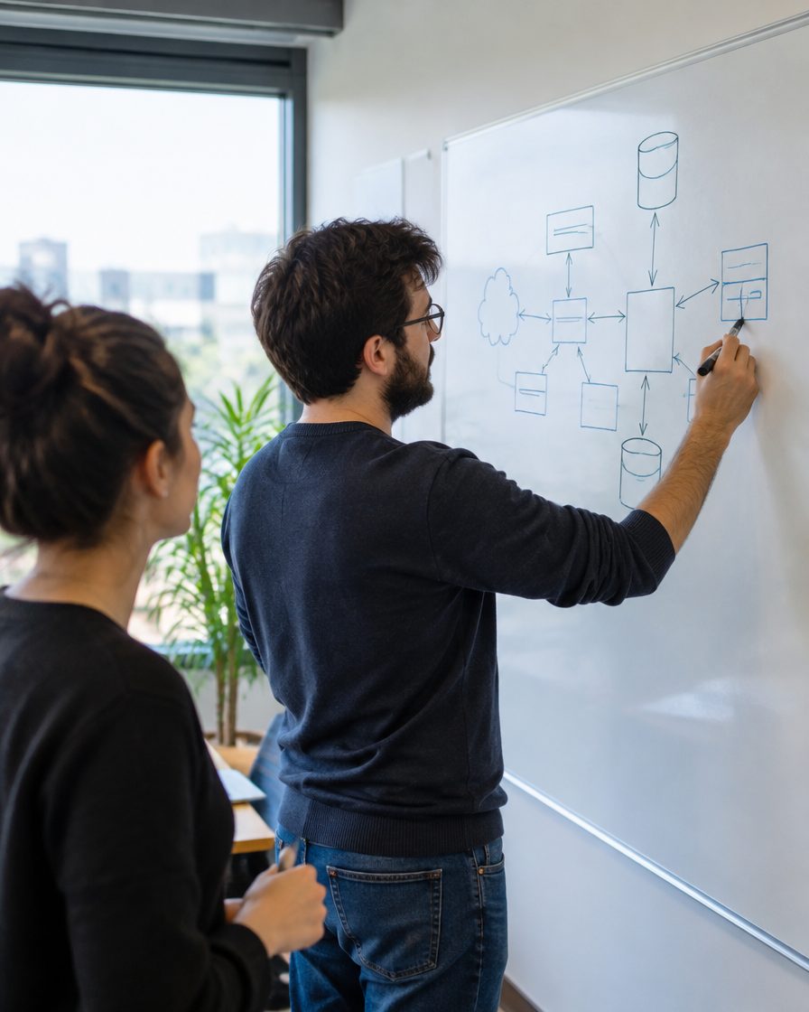 A developer drawing a system architecture diagram on a whiteboard