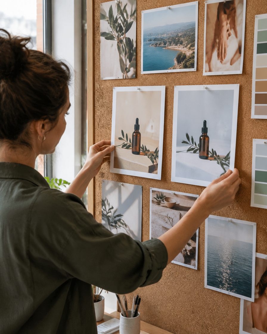 A marketer comparing printed ad creatives pinned to a cork wall