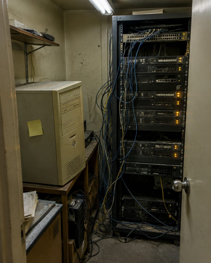 An old server tower and rack with blinking amber lights in a cramped closet