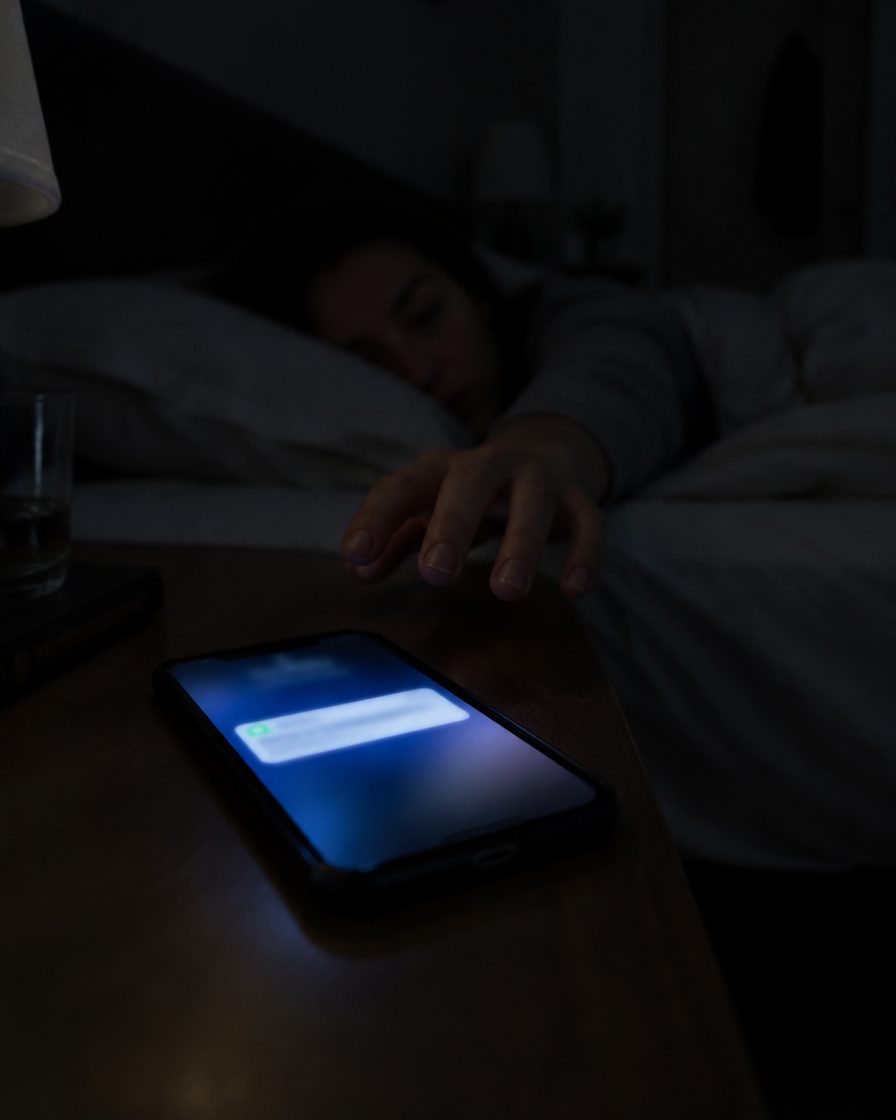A phone lighting up with an alert notification on a bedside table at night