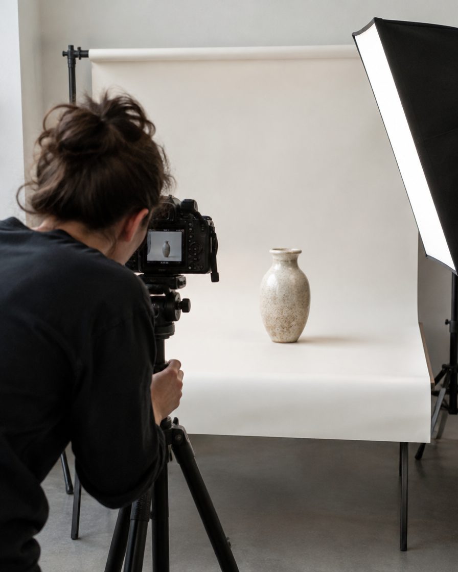 A product photographer shooting a ceramic vase on a white studio backdrop