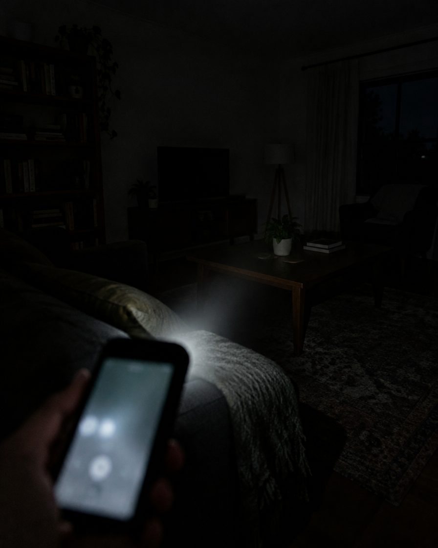 A dark living room during a power outage, lit by a phone flashlight