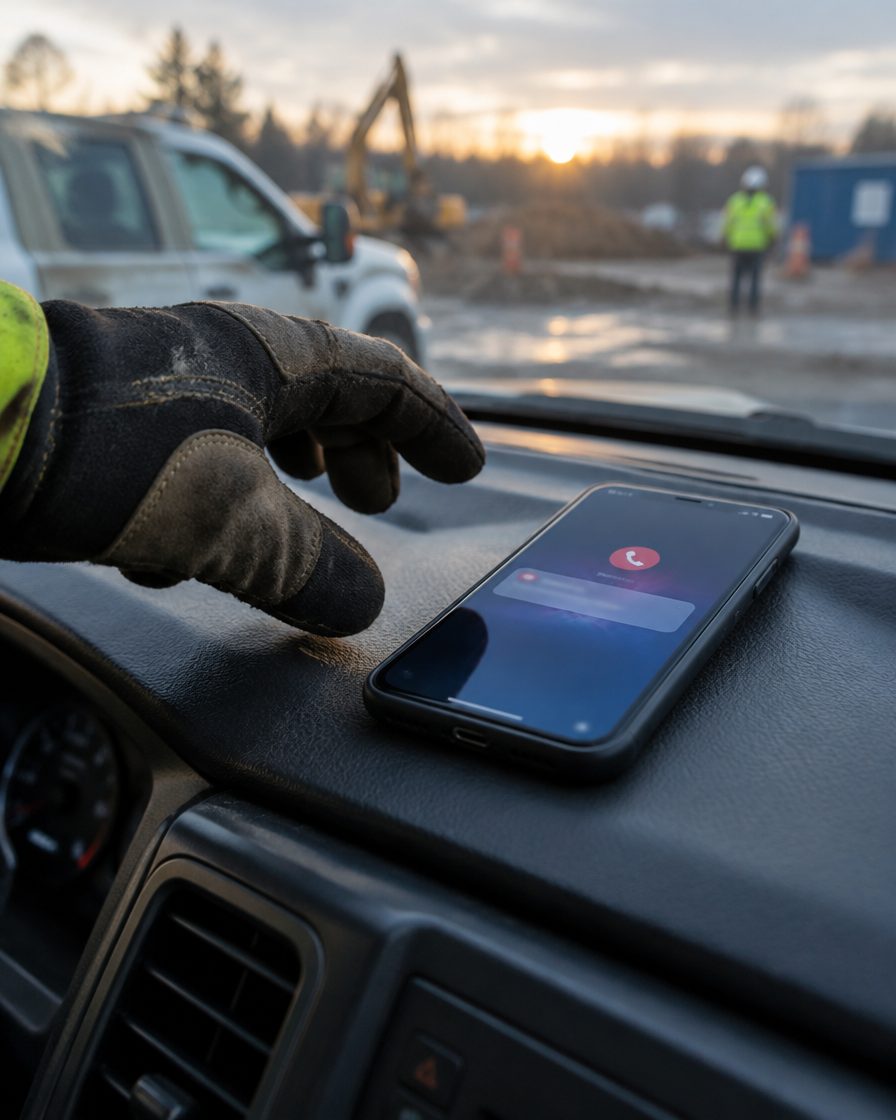 A missed call notification on a phone lying on a work truck dashboard