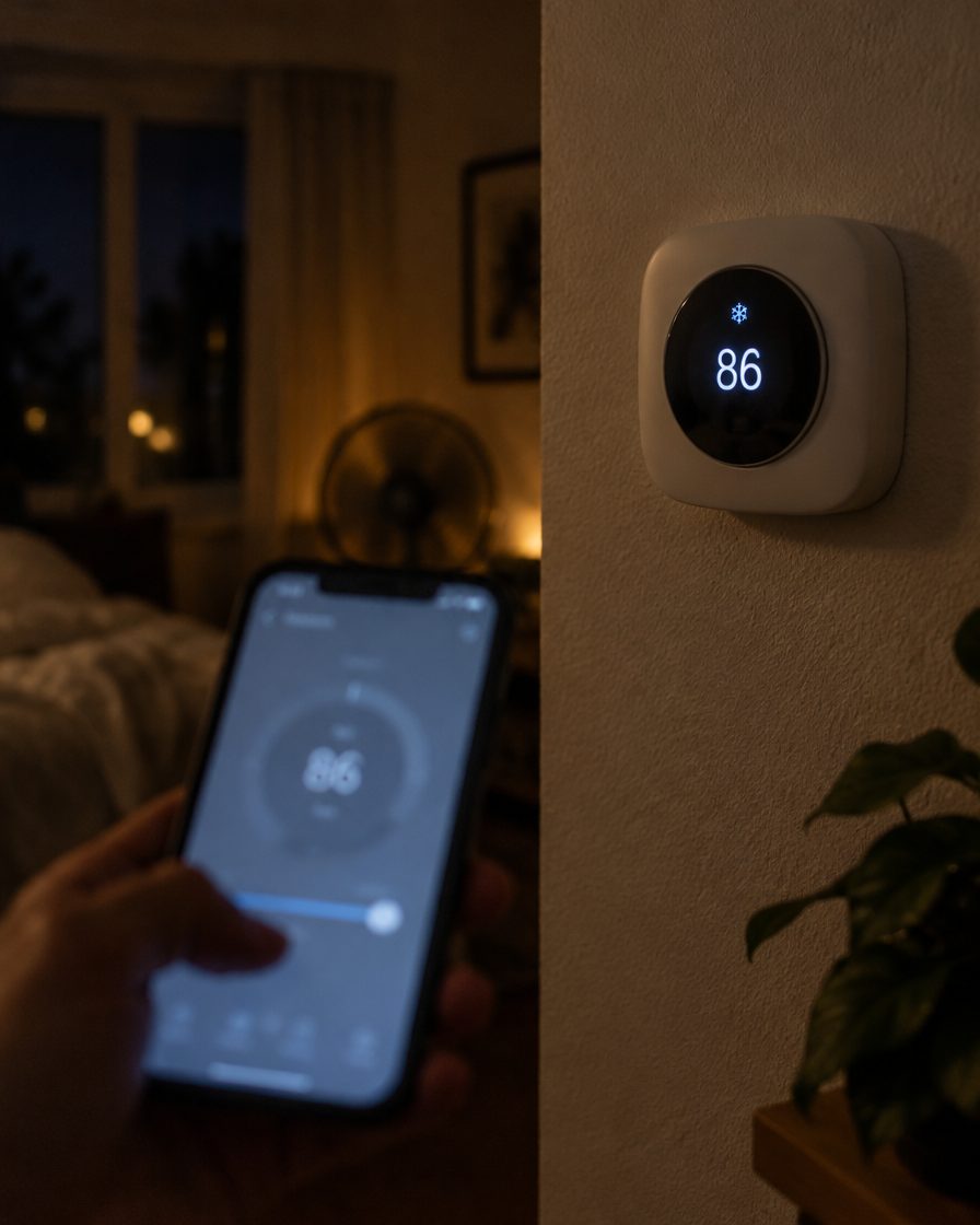 A hand holding a phone at night in front of a thermostat reading 86 degrees