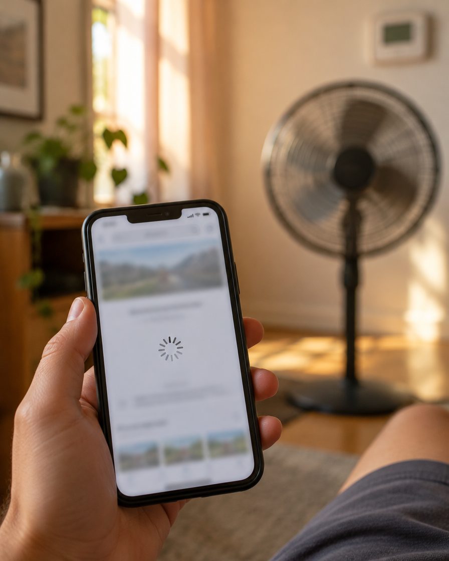 A phone showing a website stuck on a loading spinner in a hot room
