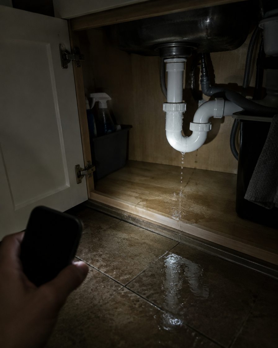 Water pooling under a kitchen sink at night, lit by a phone flashlight