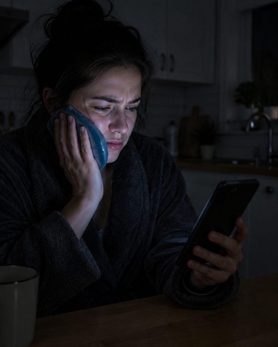 A person holding a cold compress to their cheek at night while searching on a phone