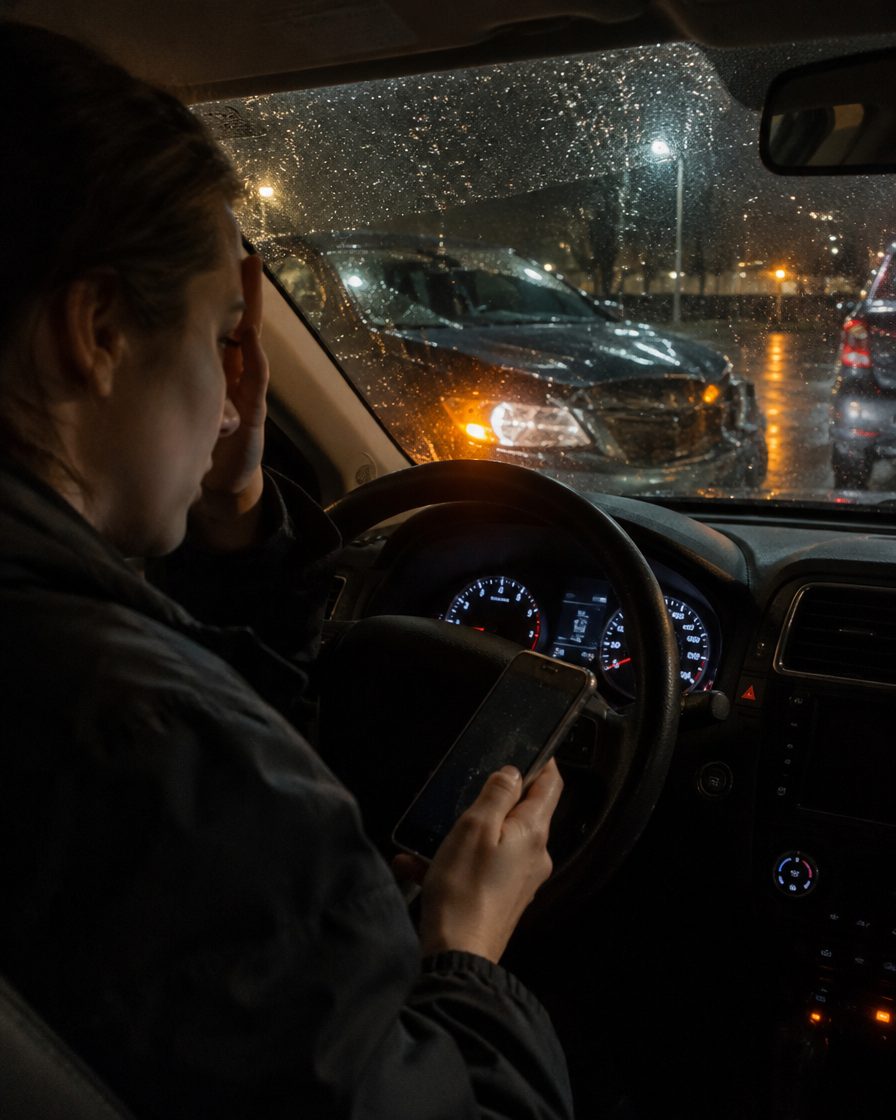 A driver sitting in a car at night after a minor accident, hazard lights on, holding a phone