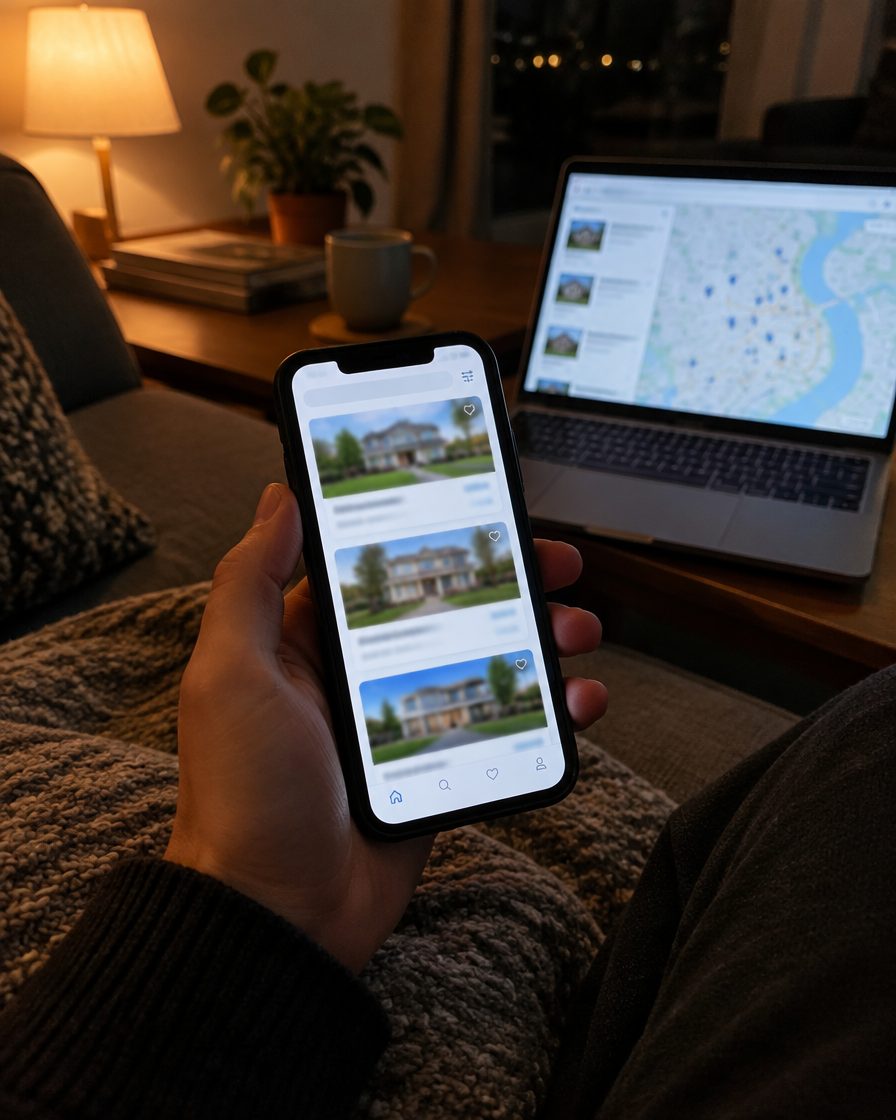 A phone showing a property listings app at night, with a laptop map behind it