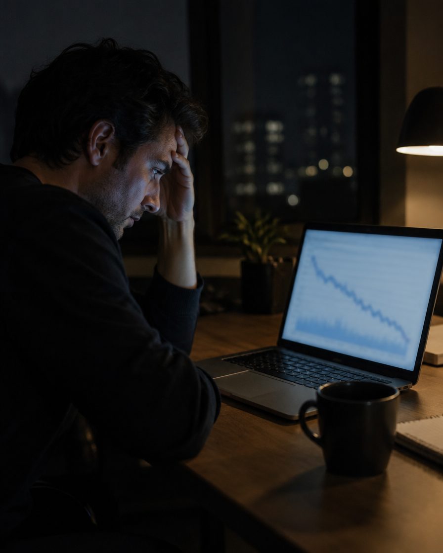 A founder at a laptop late at night looking at a falling analytics chart