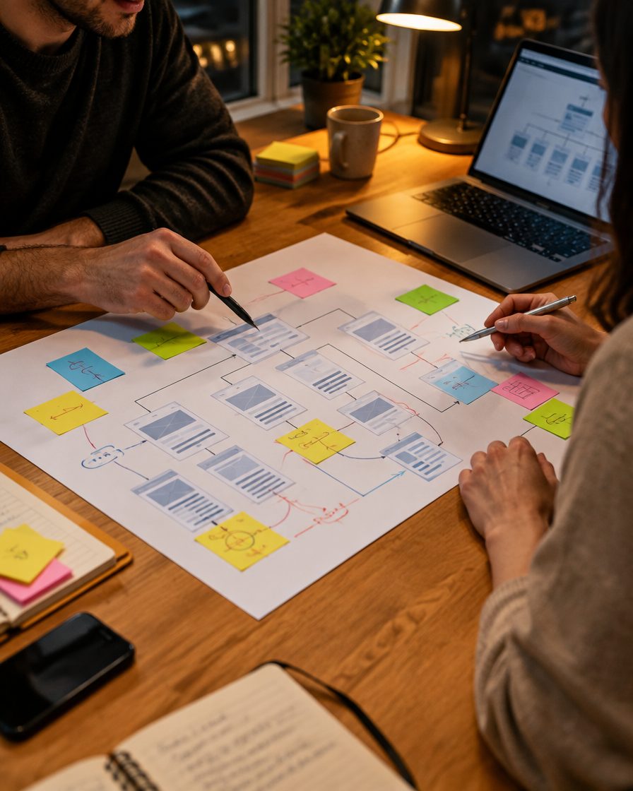 Two SEO specialists reviewing a printed site map covered in sticky notes