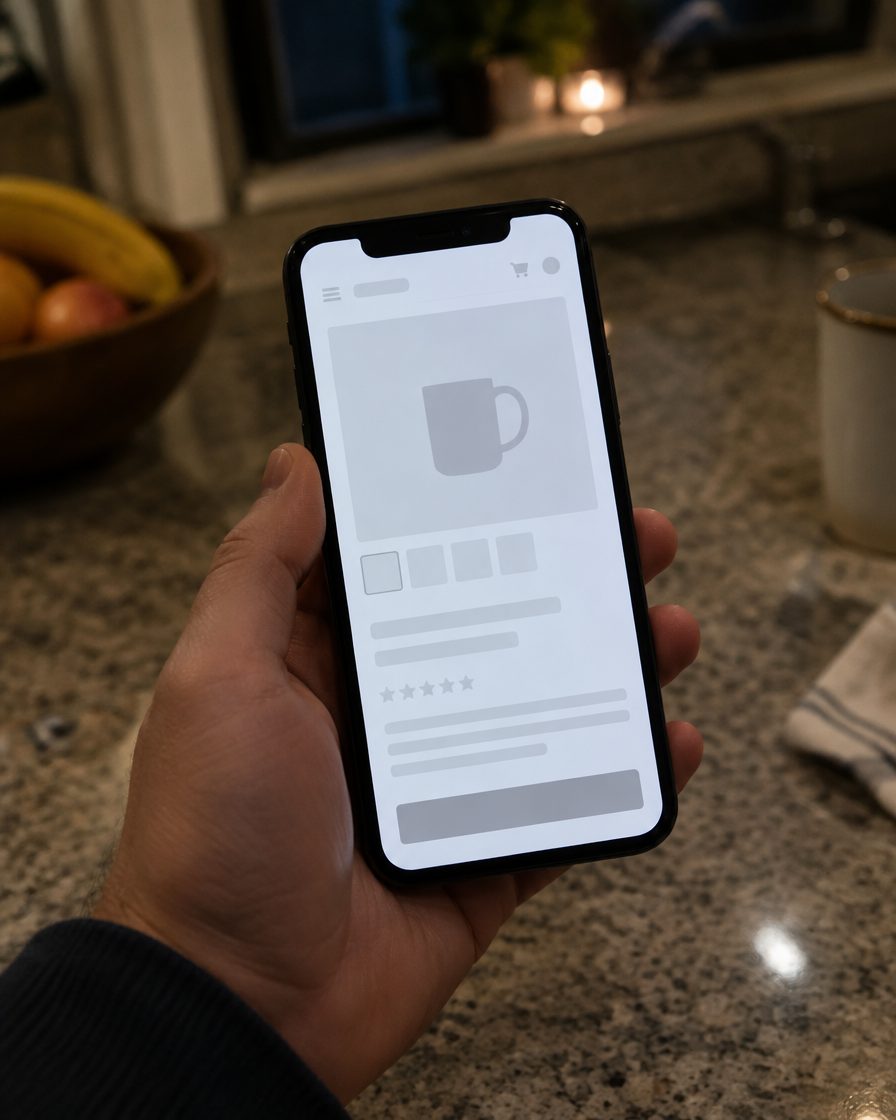 A phone showing an online store product page still loading