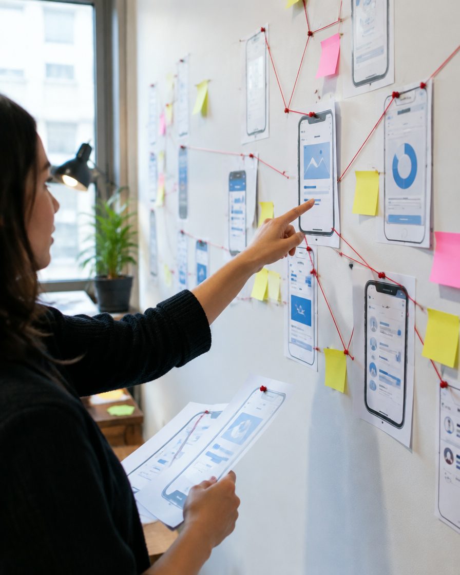 A designer mapping a user journey on a wall of printed app screens