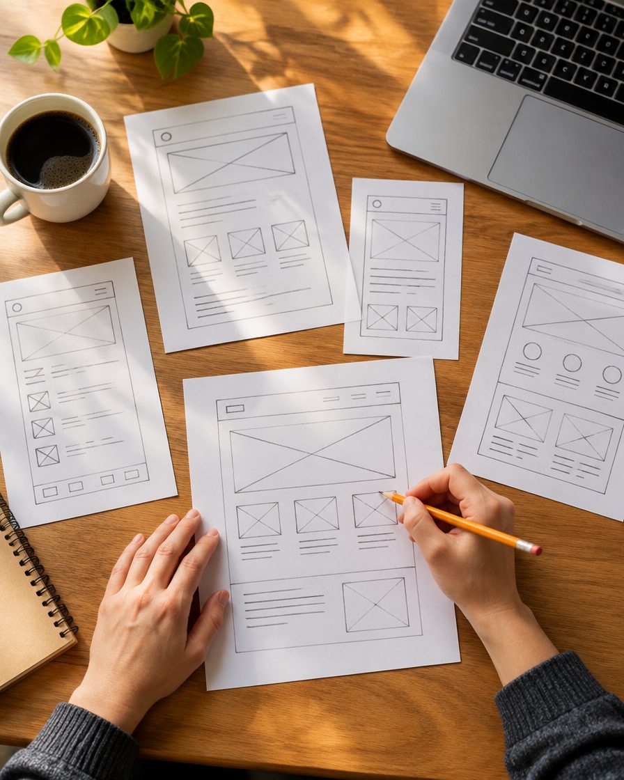 Hands sketching website wireframes on paper next to a laptop