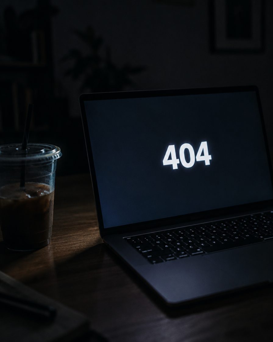 A laptop showing a 404 error page in a dark room