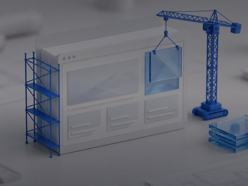 Scale model of a website being renovated: blue scaffolding and a small crane lifting a new panel into a white page block, with stacked blue glass tiles beside it